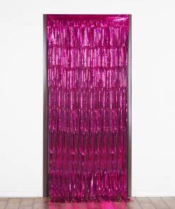 HIER_3300 Big Event Backdrops & Décor 8ft Fuchsia Metallic Tinsel Foil Fringe Curtain Backdrops For Doorway/Party