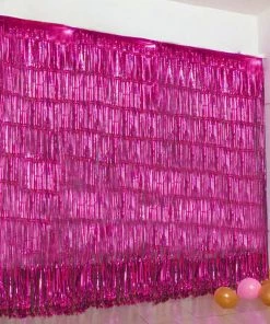 HIER_3300 Big Event Backdrops & Décor 8ft Fuchsia Metallic Tinsel Foil Fringe Curtain Backdrops For Doorway/Party