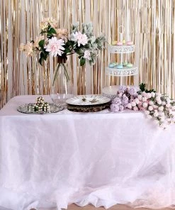 HIER_3110 8ft Matte Gold Metallic Tinsel Foil Fringe Curtain Backdrops For Doorway/Party