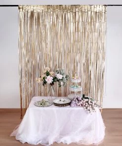 HIER_3110 8ft Matte Gold Metallic Tinsel Foil Fringe Curtain Backdrops For Doorway/Party
