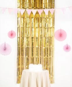 HIER_3300 8ft Gold Metallic Tinsel Foil Fringe Curtain Backdrops For Doorway/Party