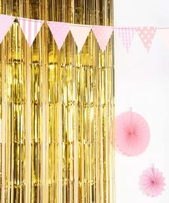 HIER_3300 8ft Gold Metallic Tinsel Foil Fringe Curtain Backdrops For Doorway/Party