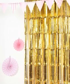 HIER_3300 8ft Gold Metallic Tinsel Foil Fringe Curtain Backdrops For Doorway/Party