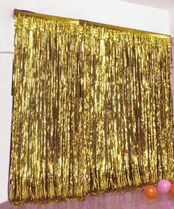 HIER_3300 8ft Gold Metallic Tinsel Foil Fringe Curtain Backdrops For Doorway/Party
