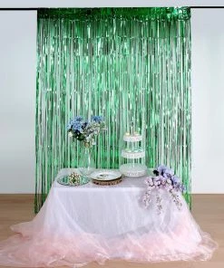 HIER_3110 8ft Green Metallic Tinsel Foil Fringe Curtain Backdrops For Doorway/Party