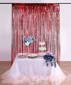HIER_3110 8ft Red Metallic Tinsel Foil Fringe Curtain Backdrops For Doorway/Party