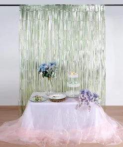 HIER_3110 Backdrop Panels 8ft Matte Sage Green Metallic Tinsel Foil Fringe Curtain Backdrops For Doorway/Party
