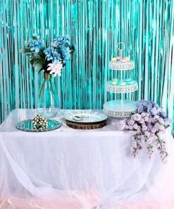 HIER_3110 Backdrop Panels 8ft Turquoise Metallic Tinsel Foil Fringe Curtain Backdrops For Doorway/Party