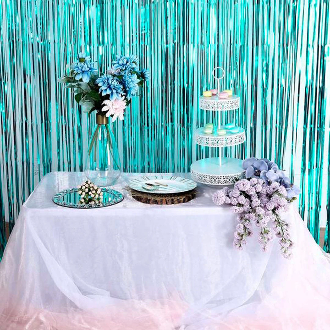 HIER_3110 Backdrop Panels 8ft Turquoise Metallic Tinsel Foil Fringe Curtain Backdrops For Doorway/Party 1 HIER_3110 Backdrop Panels 8ft Turquoise Metallic Tinsel Foil Fringe Curtain Backdrops For Doorway/Party