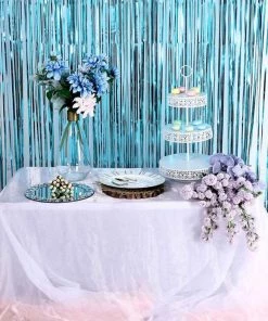 HIER_3300 8ft Blue Metallic Tinsel Foil Fringe Curtain Backdrops For Doorway/Party