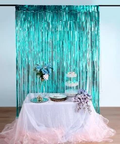 HIER_3110 Backdrop Panels 8ft Turquoise Metallic Tinsel Foil Fringe Curtain Backdrops For Doorway/Party