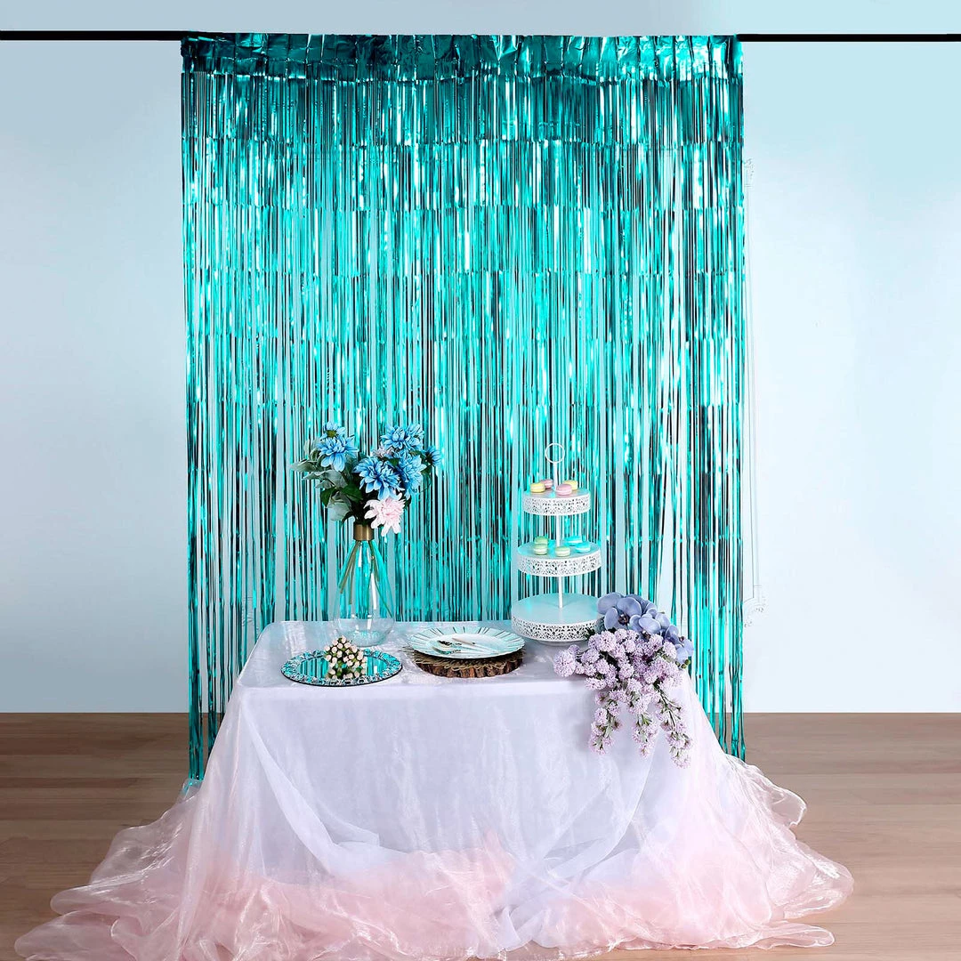 HIER_3110 Backdrop Panels 8ft Turquoise Metallic Tinsel Foil Fringe Curtain Backdrops For Doorway/Party 2 HIER_3110 Backdrop Panels 8ft Turquoise Metallic Tinsel Foil Fringe Curtain Backdrops For Doorway/Party