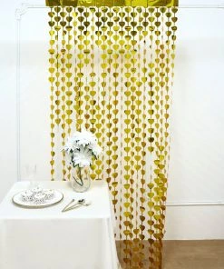 HIER_3300 Gold Heart Chain Foil Fringe Curtain Party Backdrop, Metallic Gold Tinsel Streamer Party Decor - Door Window Foil Curtain - 3ftx6.5ft