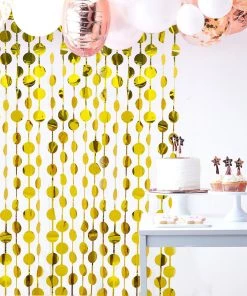 HIER_3300 Gold Round Chain Foil Fringe Curtain Party Backdrop, Metallic Gold Tinsel Streamer Party Decor - Door Window Foil Curtain - 3ftx6.5ft