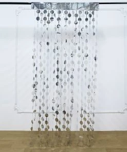 HIER_3300 Silver Round Chain Foil Fringe Curtain Party Backdrop, Metallic Silver Tinsel Streamer Party Decor - Door Window Foil Curtain - 3ftx6.5ft