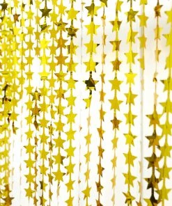 HIER_3300 Gold Star Chain Foil Fringe Curtain Party Backdrop, Metallic Gold Tinsel Streamer Party Decor - Door Window Foil Curtain - 3ftx6.5ft Backdrop Panels