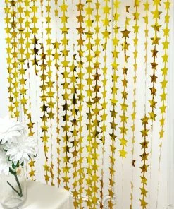 HIER_3300 Gold Star Chain Foil Fringe Curtain Party Backdrop, Metallic Gold Tinsel Streamer Party Decor - Door Window Foil Curtain - 3ftx6.5ft Backdrop Panels