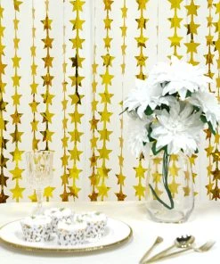 HIER_3300 Gold Star Chain Foil Fringe Curtain Party Backdrop, Metallic Gold Tinsel Streamer Party Decor - Door Window Foil Curtain - 3ftx6.5ft Backdrop Panels