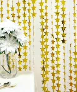 HIER_3300 Gold Star Chain Foil Fringe Curtain Party Backdrop, Metallic Gold Tinsel Streamer Party Decor - Door Window Foil Curtain - 3ftx6.5ft Backdrop Panels