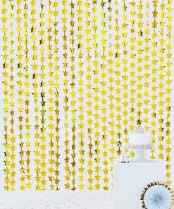 HIER_3300 Gold Star Chain Foil Fringe Curtain Party Backdrop, Metallic Gold Tinsel Streamer Party Decor - Door Window Foil Curtain - 3ftx6.5ft Backdrop Panels