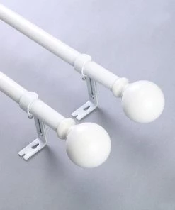 HIER_3160 Home Décor 42"-126" Adjustable Curtain Rod Set, White, Round Finials