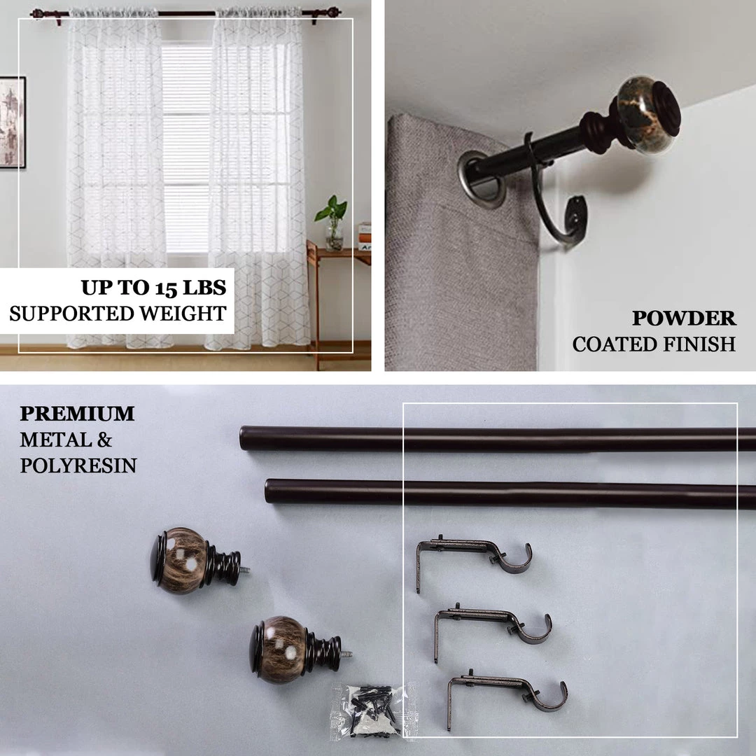 HIER_3160 42"-126" Adjustable Curtain Rod Set, Chocolate Brown, Marble Finials Home Décor 4 HIER_3160 42"-126" Adjustable Curtain Rod Set, Chocolate Brown, Marble Finials Home Décor