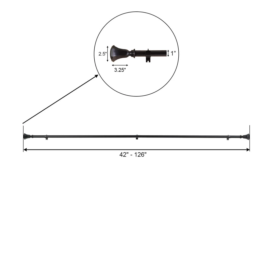 HIER_3160 42"-126" Adjustable Curtain Rod Set, Black, Teardrop Finials 3 HIER_3160 42"-126" Adjustable Curtain Rod Set, Black, Teardrop Finials