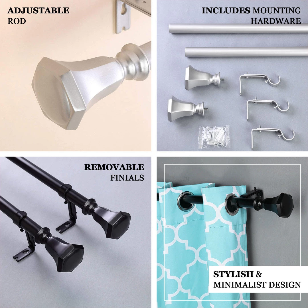 HIER_3160 42"-126" Adjustable Curtain Rod Set, Black, Teardrop Finials 4 HIER_3160 42"-126" Adjustable Curtain Rod Set, Black, Teardrop Finials