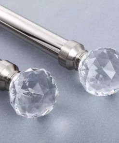 HIER_3160 42"-126" Adjustable Metal Curtain Rod Set, Silver, Prism Cut Crystal Finials