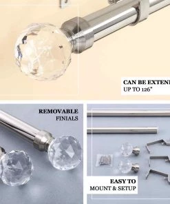 HIER_3160 42"-126" Adjustable Metal Curtain Rod Set, Silver, Prism Cut Crystal Finials 14 HIER_3160 42