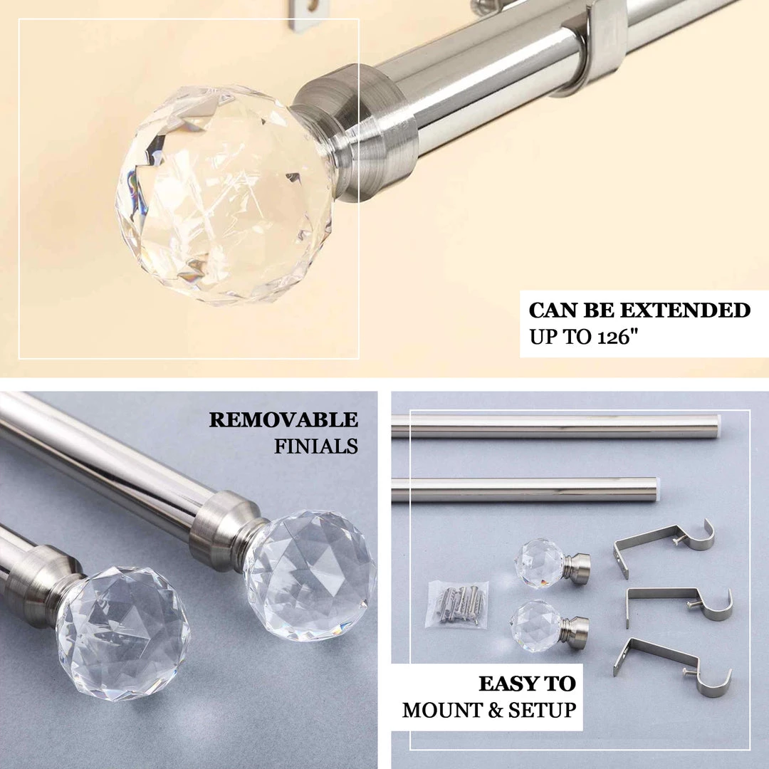 HIER_3160 42"-126" Adjustable Metal Curtain Rod Set, Silver, Prism Cut Crystal Finials 4 HIER_3160 42"-126" Adjustable Metal Curtain Rod Set, Silver, Prism Cut Crystal Finials