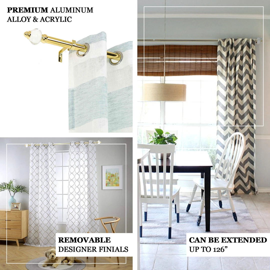 HIER_3160 42"-126" Adjustable Metal Curtain Rod Set, Gold, Acrylic Designer Finials 4 HIER_3160 42"-126" Adjustable Metal Curtain Rod Set, Gold, Acrylic Designer Finials