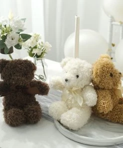 HIER_5340 Wedding Party Favors Set Of 3 | 7" Cute Stuffed Teddy Bears With Bow Ties, Plush Animal Soft Toys, Adorable Party Favors- Dark Brown/Ivory/Natural