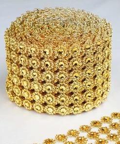 HIER_5160 Tabletop Decor 4"x10 Yards Gold Fleur Diamond Rhinestone Ribbon Wrap Roll, DIY Craft Ribbon
