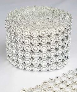 HIER_5160 4"x10 Yards Silver Fleur Diamond Rhinestone Ribbon Wrap Roll, DIY Craft Ribbon Tabletop Decor