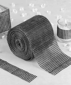 HIER_5160 5"x10 Yards Shiny Black Diamond Rhinestone Ribbon Wrap Roll, DIY Craft Decor Tabletop Decor