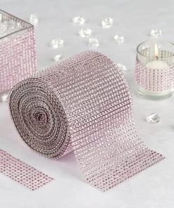 HIER_5160 Tabletop Decor 5"x10 Yards Shiny Pink Diamond Rhinestone Ribbon Wrap Roll, DIY Craft Decor
