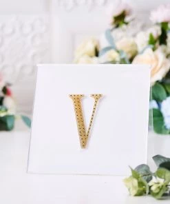 HIER_5150 4" Gold Decorative Rhinestone Alphabet Letter Stickers DIY Crafts - V