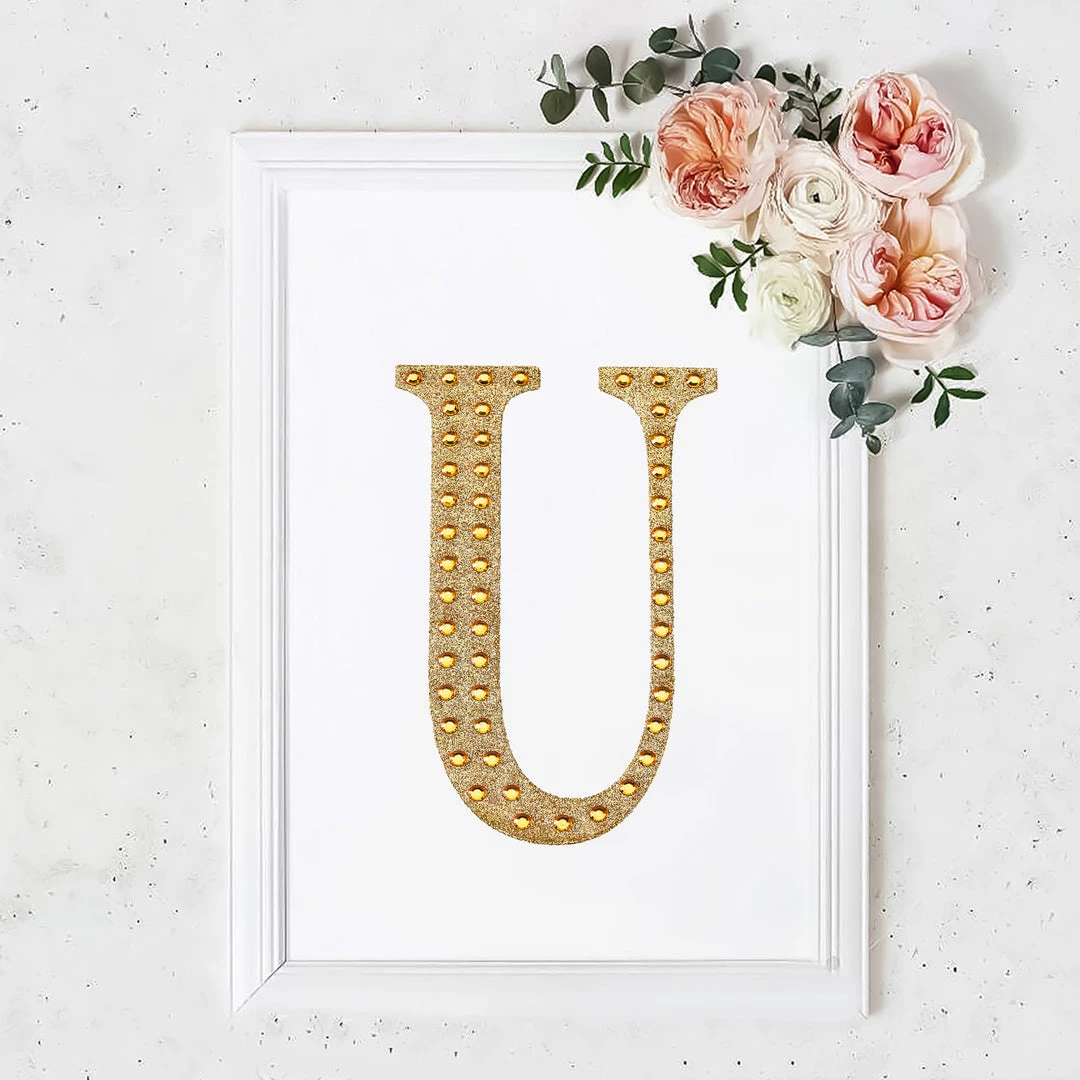 HIER_5150 Chargers & Centerpieces 8" Gold Decorative Rhinestone Alphabet Letter Stickers DIY Crafts - U 1 HIER_5150 Chargers & Centerpieces 8" Gold Decorative Rhinestone Alphabet Letter Stickers DIY Crafts - U