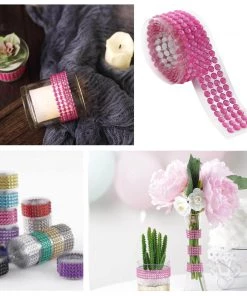 HIER_5150 Tabletop Decor 3ft Hot Pink Stick-On Rhinestone Tape, DIY Self Adhesive Diamond Gemstone Stickers