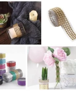 HIER_5150 Tabletop Decor 3ft Champagne Stick-On Rhinestone Tape, DIY Self Adhesive Diamond Gemstone Stickers
