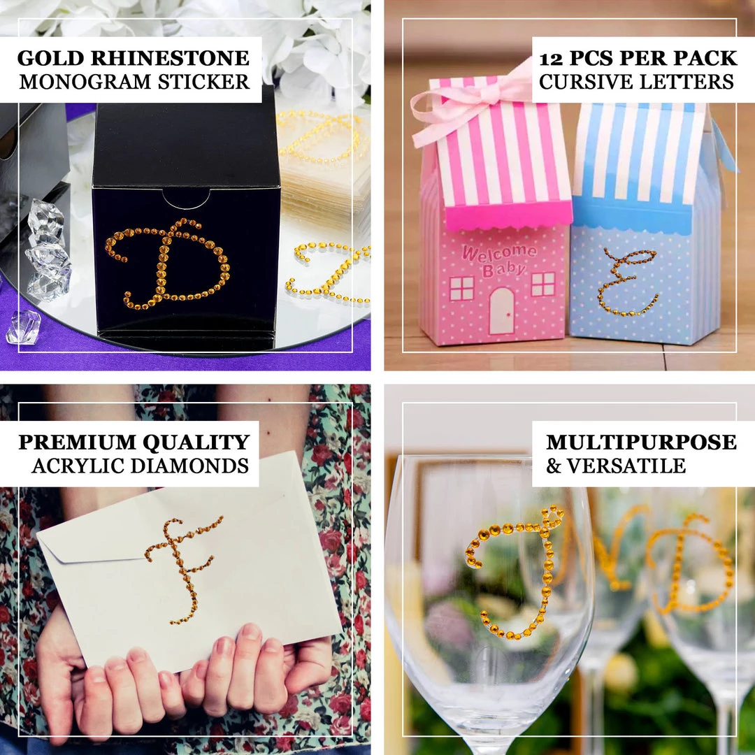 HIER_5150 Tabletop Decor 12 Pack | 1.5" Gold Rhinestone Monogram Letter Jewel Sticker Self Adhesive DIY Diamond Decor - T 4 HIER_5150 Tabletop Decor 12 Pack | 1.5" Gold Rhinestone Monogram Letter Jewel Sticker Self Adhesive DIY Diamond Decor - T