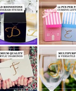 HIER_5150 Tabletop Decor 12 Pack | 1.5" Gold Rhinestone Monogram Letter Jewel Sticker Self Adhesive DIY Diamond Decor - F 12 HIER_5150 Tabletop Decor 12 Pack | 1.5