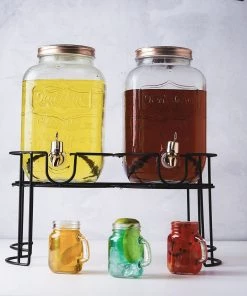 HIER_4810 Chargers & Centerpieces 2 Pack | Dual Gallon Glass Beverage Dispenser Stand, Metal Lids & Spigot Included