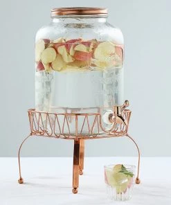 HIER_4810 Chargers & Centerpieces 2 Gallon Glass Beverage Dispenser, Metal Lid, Spigot & Gold Stand Included