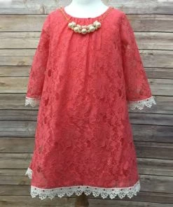 HIER_3500 Big Clearance Sale Flower Girl Dress Floral Lace Dress With A Pearl Necklace Coral Party Dress Special Occasion Dress