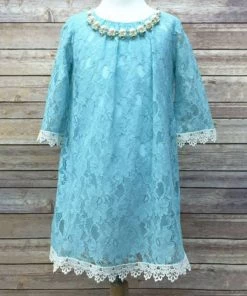 HIER_3500 Big Clearance Sale Flower Girl Dress Floral Lace Dress With A Pearl Necklace Turquoise Party Dress Special Occasion Dress