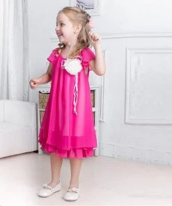 HIER_3500 Flower Girl Dress Two Layered Chiffon Pleated Girls Dress Fuchsia Party Dress Special Occasion Dress Big Clearance Sale