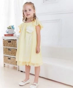 HIER_3500 Flower Girl Dress Two Layered Chiffon Pleated Girls Dress Yellow Party Dress Special Occasion Dress Big Clearance Sale