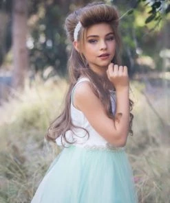 HIER_3500 Big Clearance Sale Flower Girl Dress Satin Dress With Rhinestone Gem Neckline Belt Mint Party Dress Special Occasion Dress